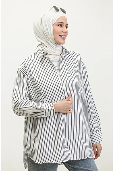 sefamerve قميص أسود مخطط كبير الحجم - 4801-02