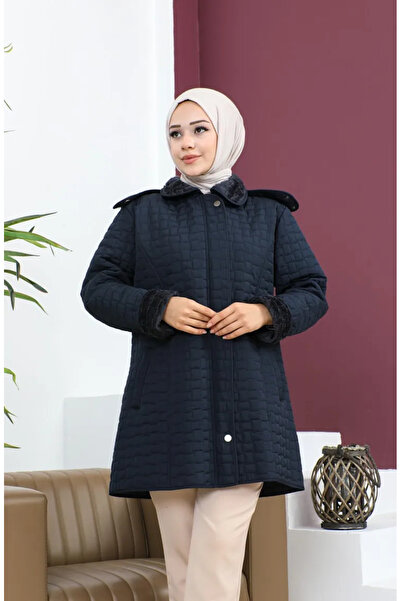 sefamerve معطف مبطن بنمط مربعات كبير الحجم 6141-02 أزرق داكن