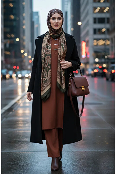 sefamerve Shirt collar tunic pants double set 0123-01 brown