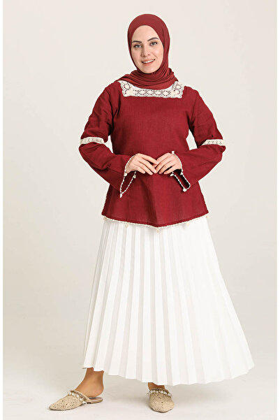 sefamerve Sile قماش الدانتيل بلوزة 0017-03 كلاريت الأحمر