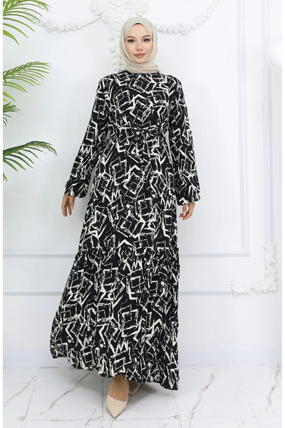 sefamerve Φόρεμα από ύφασμα βισκόζης με λαβή ελαστικό 2006-04 Μαύρο και άσπρο