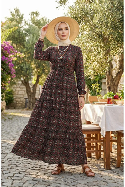 sefamerve Desenli Düğmeli Viskon Elbise 0441-01 Siyah Kırmızı