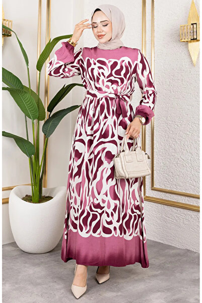 sefamerve Patterned Dress with Elastic Waist 7127-05 Dark Dusty Rose