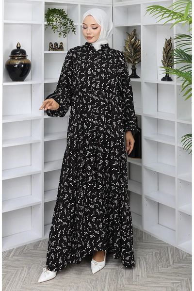 sefamerve فستان منقوش من قماش الفسكوز 2048-05 أسود