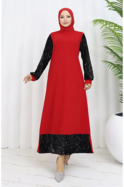 sefamerve Payetli Abiye Elbise 0305A-01 Kırmızı