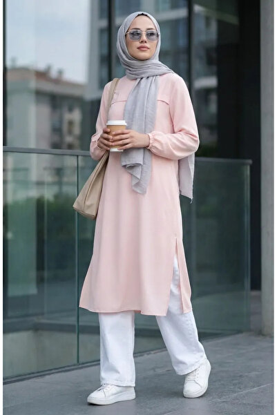 sefamerve تونيك طويل بفتحة جانبية 4104-08 بودرة