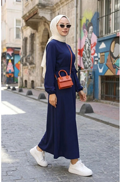 sefamerve Kolu lastikli Kuşaklı Elbise 2151-01 Lacivert