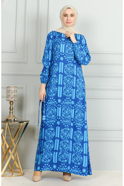 sefamerve Turquoise Viscose Dress - Patterned and Belted 0499-07