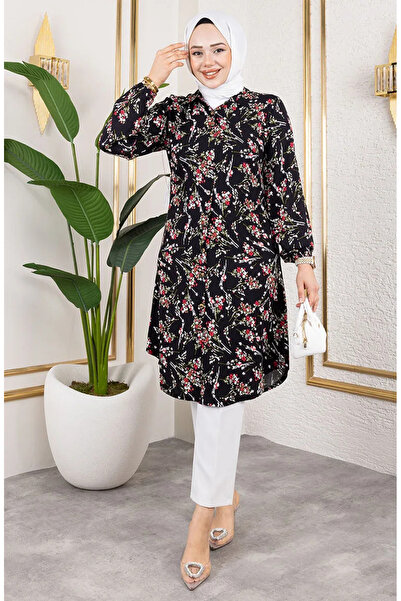 sefamerve Asel Çiçekli Viskon Tunik 0174-05 Siyah