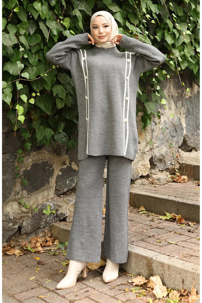 sefamerve طقم تونيك وبنطلون تريكو بأزرار من الجانبين 1128-06 رمادي