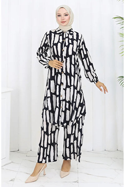 sefamerve Viskon Kumaş Tunik Pantolon İkili Takım 0131-01 Siyah Beyaz