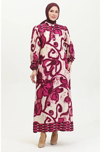 sefamerve Φούξια Μπεζ Φόρεμα Βισκόζης - Μισό Κουμπί, Χρώμα Γαρνιρισμένο 0396-02