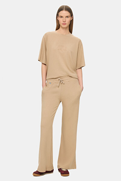 UCLA URANIA Koyu Bej İspanyol Paça Gofre Baskı Loose Fit Kadın Eşofman Altı