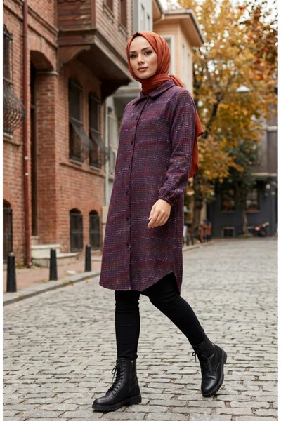 sefamerve Buttoned Lumberjack Winter Tunic 2506-04 Purple