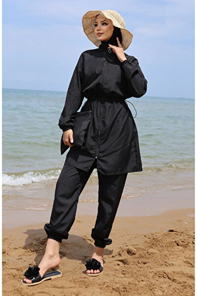 sefamerve Hijab Beli Lastikli Çantalı Tesettür Mayo 5035-02 Siyah