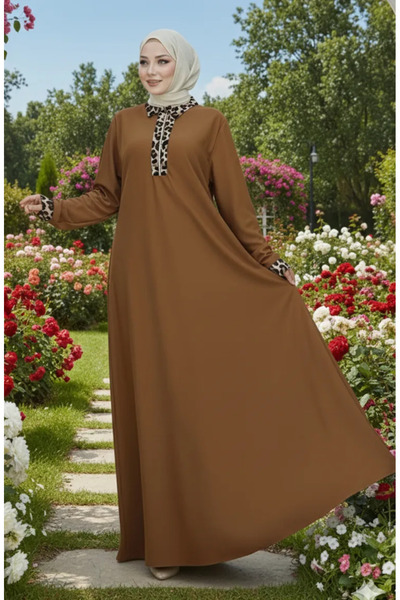 sefamerve Leopar Desenli Elbise 0119-03 Taba