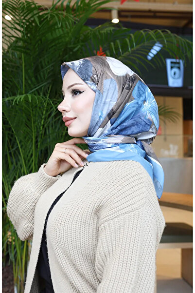 sefamerve Eșarfă din bumbac cu modele florale 70336-05 Albastru Maro