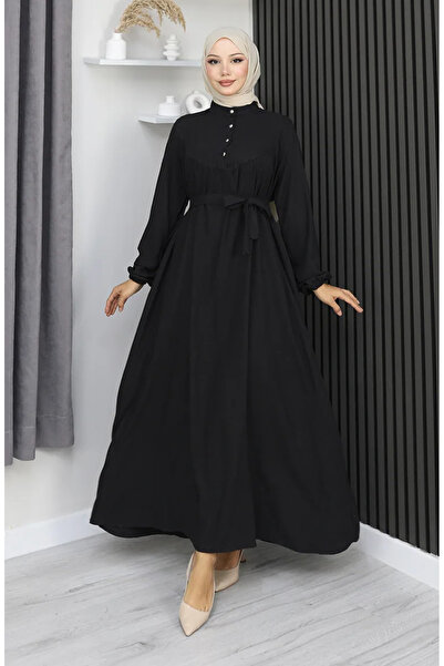 sefamerve Belmando Kumaş Yarım Düğmeli Kuşaklı Elbise 2166-02 Siyah