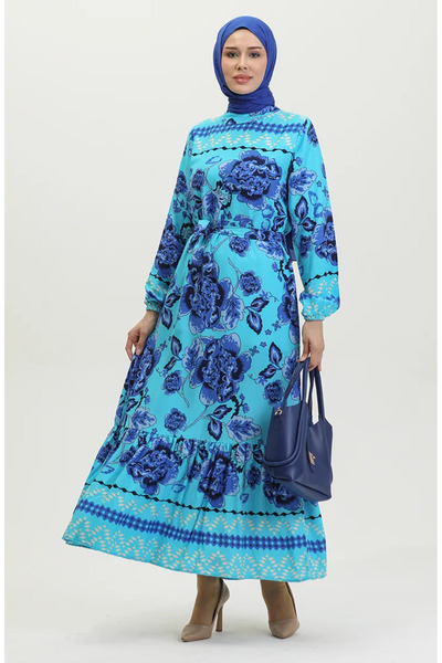 sefamerve Φόρεμα με μεγάλη φλοράλ στάμπα τιρκουάζ βισκόζης 0386-05