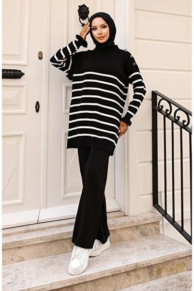 sefamerve Μαύρο Ριγέ Λεπτομερές Πλεκτό Σετ ώμου 24019-03