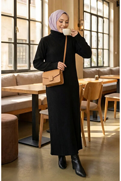 sefamerve Rochie Hijab material reiat cu guler înalt 2188-04 Negru