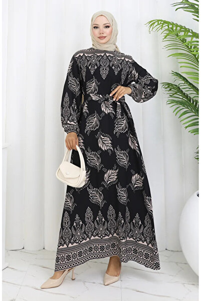 sefamerve Φόρεμα με σχέδιο και ζώνη 2092-01 Μαύρο βιζόν