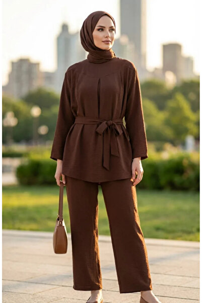 sefamerve طقم بنطلون تونيك من قماش ايروبين مكون من قطعتين 4141-04 بني