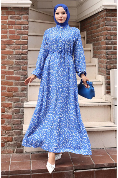 sefamerve فستان منقوش برباط في الخصر 2079-04 نيلي