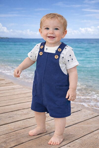 Genel Markalar Salopet Palmiye Baskılı Omuzdan Çıtçıtlı Badi Yazlık Erkek Beb...