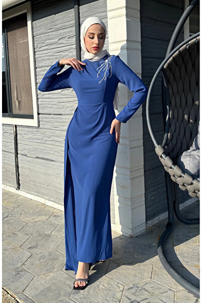 sefamerve Önü Taşlı Abiye Elbise 5515-01 İndigo