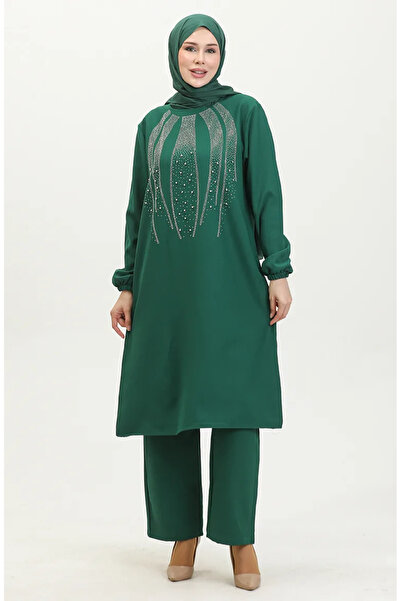 sefamerve Taş Baskılı Abiye Tunik Pantolon İkili Takım 0410-01 Zümrüt Yeşili