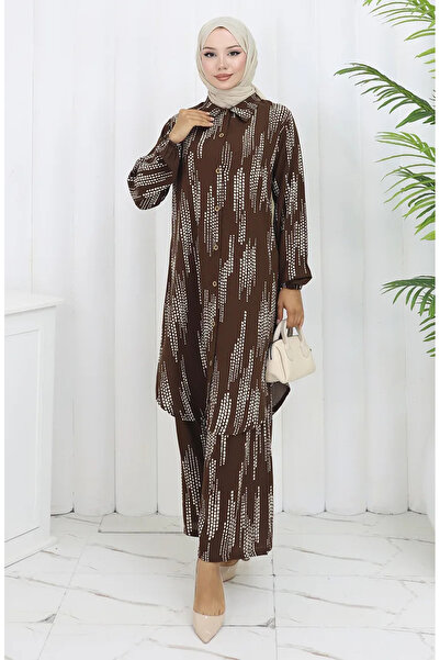 sefamerve Παντελόνι από ύφασμα βισκόζης Σετ δύο τεμαχίων 0132-01 Καφέ