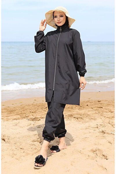 sefamerve Atlas 2li Fermuarlı Tesettür Mayo Bone Hediyeli 9006-01 Siyah