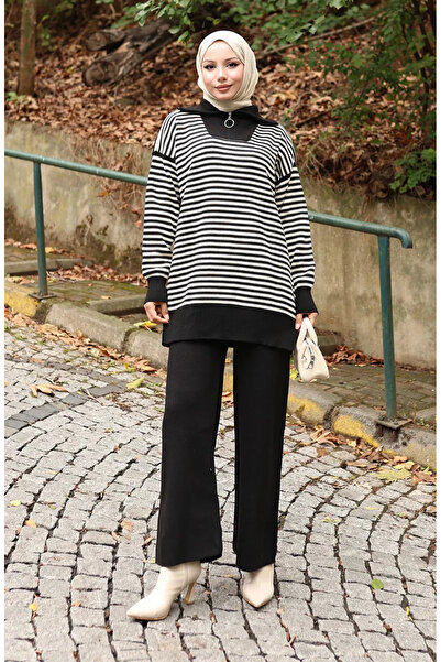 sefamerve طقم مكون من قطعتين من سروال تونيك مخطط برقبة دائرية 1098-06 أسود