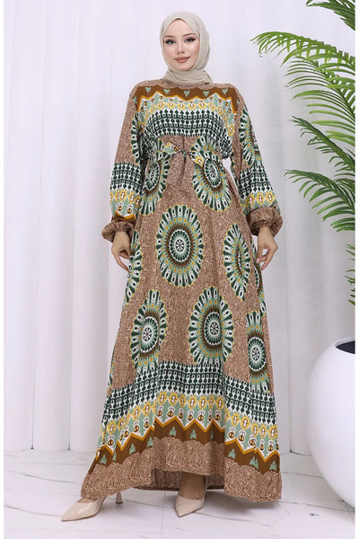 sefamerve Φόρεμα με ζώνη από ύφασμα βισκόζης 2032-04 Tan Green