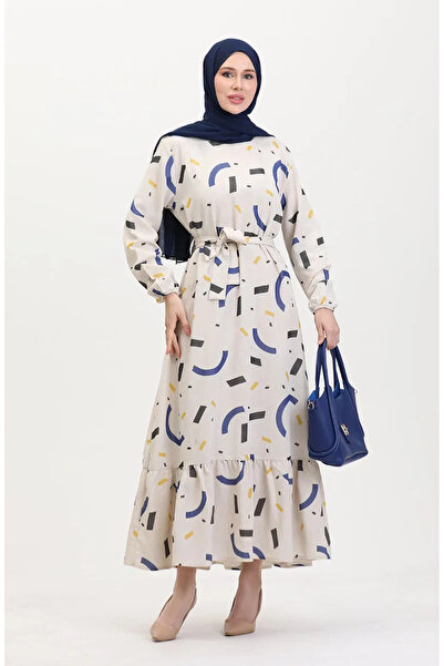 sefamerve Λινά φόρεμα με στάμπα μεγάλου μεγέθους 91817-04 Cream Indigo