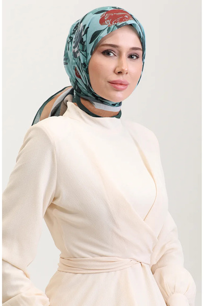 sefamerve Desenli Pamuk Eşarp 2074-10 Zümrüt Yeşili Haki