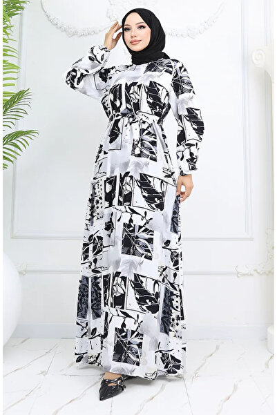 sefamerve فستان منقوش بمقبض من قماش الفسكوز 2026-03 أسود وأبيض