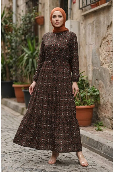 sefamerve Φόρεμα με μαύρο πορτοκαλί κουμπιά με σχέδιο βισκόζης - 0441-04