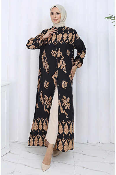 sefamerve Šaty se vzorem a knoflíky 2125-01 Černá béžová