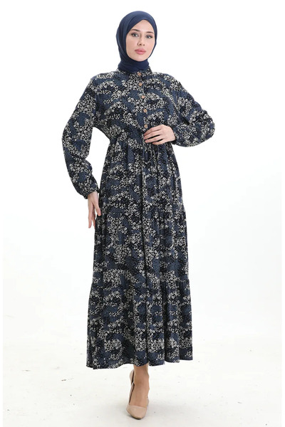 sefamerve Φόρεμα με γιακά και δετή μέση, σχέδιο Mandarin 0200-01 Μαύρο Indigo