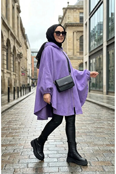 sefamerve Kapüşonlu Kaşe Panço 0505-07 Lila