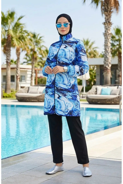 sefamerve Σετ μαγιό Hijab Wave Pattern 3 τεμαχίων 1903-03 Ανοιχτό μπλε ναυτικό