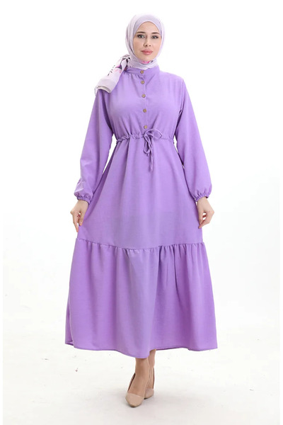sefamerve Φόρεμα με κορδόνια στη μέση με μισό κουμπί 0182-08 Λιλά