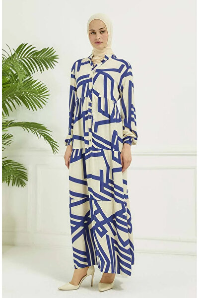 sefamerve Geometrik Desen Elbise 4106-01 Lacivert