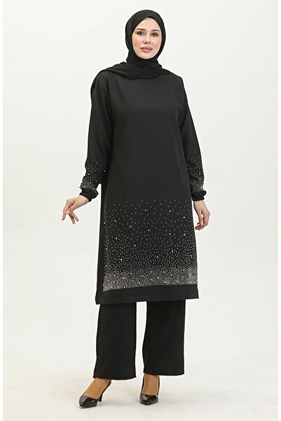 sefamerve Taş Baskılı Araboy Abiye Tunik Pantolon İkili Takım 0409-05 Siyah