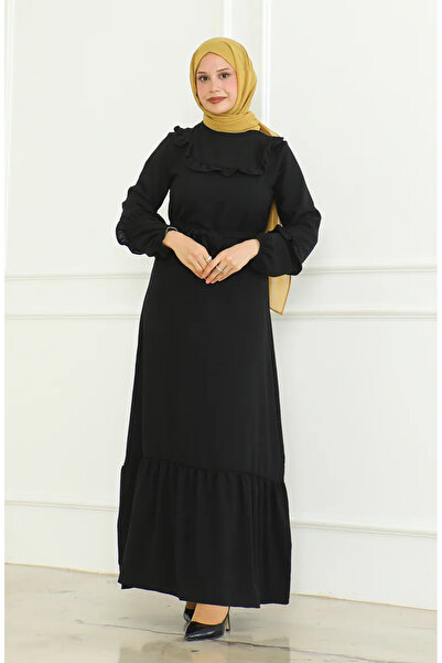 sefamerve Μαύρο Aerobin υφασμάτινο φόρεμα με βολάν και φύλλο - 0478-04