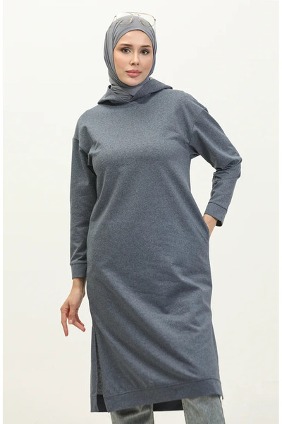 sefamerve Kapüşonlu Spor Tunik 3007-34 Açık Lacivert