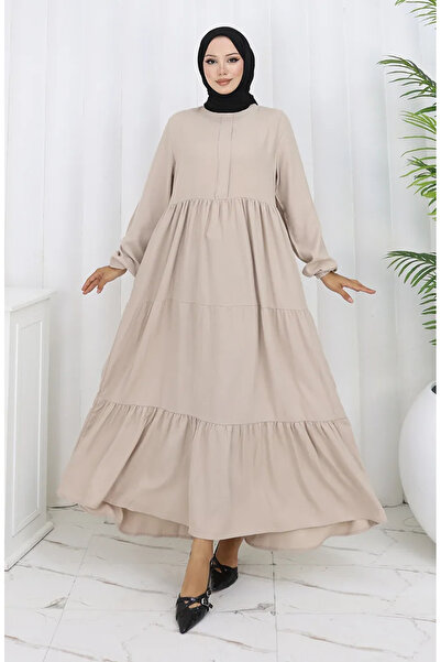 sefamerve Φόρεμα με κορδόνι στη μέση και ελαστικό μανίκι 2149-06 Πέτρα