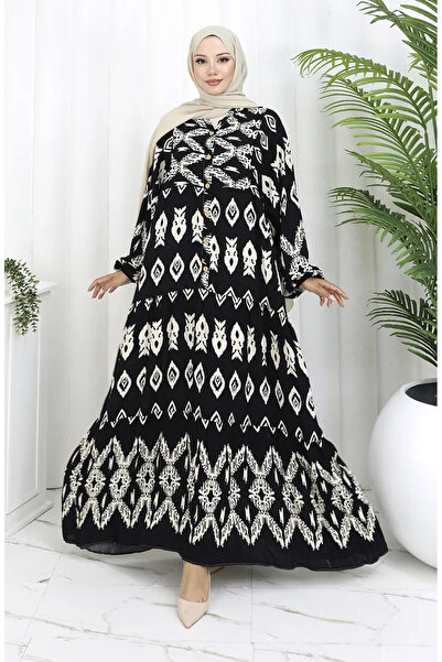 sefamerve Φόρεμα με μοτίβο με μισό κουμπί από ύφασμα βισκόζης 0107-01 Μαύρο